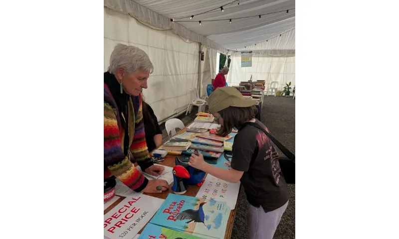 A photo of a young girl looking at books inside a tent full of books on table.