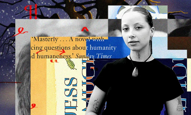 A black and white photo of Matariki Bennett who is a young Māori woman; with a collage of book covers behind her.