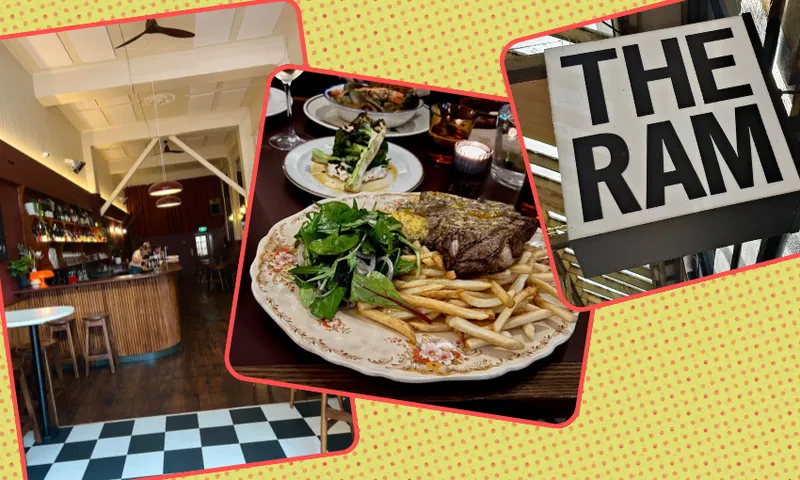 Collage showing a cozy restaurant interior, a plate of steak with fries and salad, and a close-up of a sign reading "THE RAM" on a yellow background with red dots.