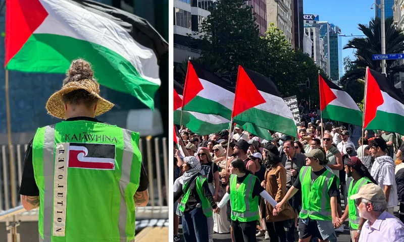 photos of people wearing fluro green vests holding hands at the front of a crowd with palestine flags