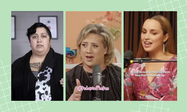 Three women speak individually into microphones in separate video frames. The first woman wears a black jumper, the second has blonde hair and expressive hands, and the third wears a floral top with text onscreen about sexual abuse.