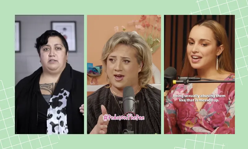 Three women speak individually into microphones in separate video frames. The first woman wears a black jumper, the second has blonde hair and expressive hands, and the third wears a floral top with text onscreen about sexual abuse.