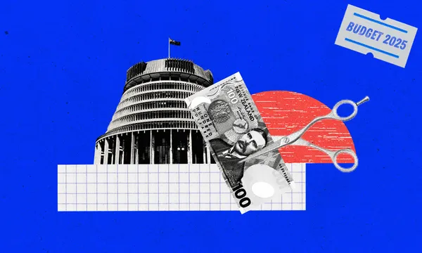 A collage showing New Zealand’s Beehive building, a $100 bill being cut by scissors, a grid pattern, a red semicircle, and a "Budget 2025" label on a blue background.