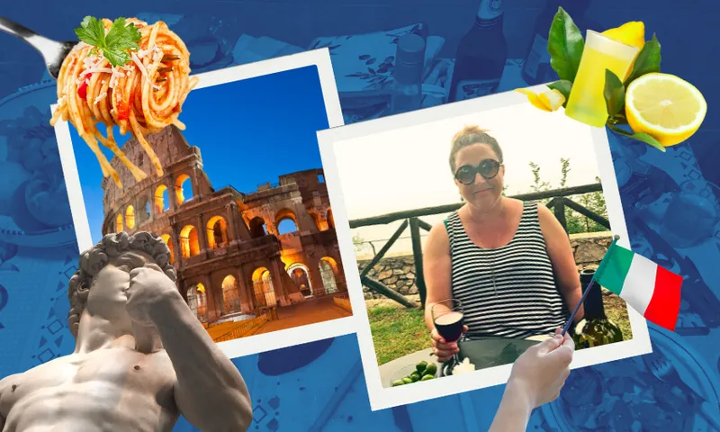 A collage featuring spaghetti, a statue, the Colosseum, a woman in sunglasses holding wine, a hand holding an Italian flag, and lemonade with lemons, all set against a blue background.