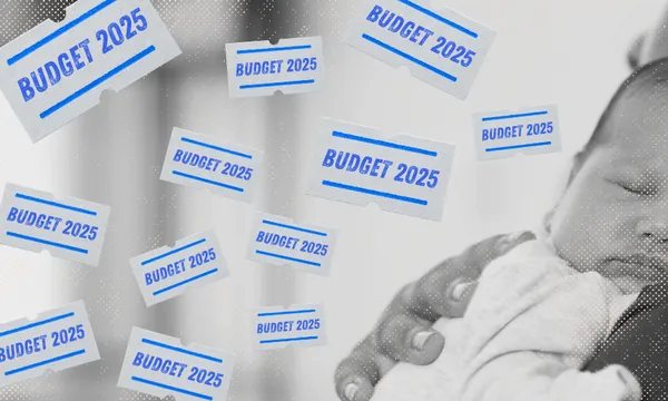 A grayscale image of an adult holding a baby, overlaid with multiple blue "BUDGET 2025" labels scattered across the scene.