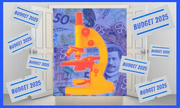 A brightly colored microscope is centered over New Zealand banknotes, with several blue and white tickets labeled "BUDGET 2025" scattered around, all set in front of open double doors.