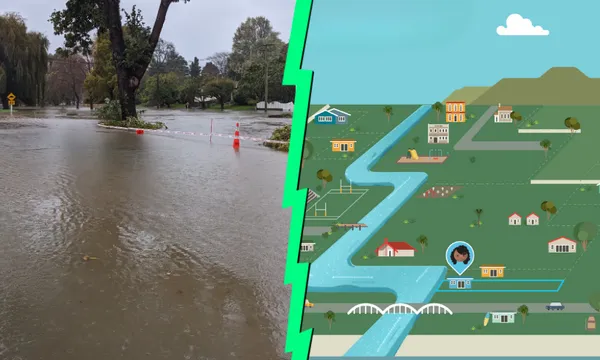 a split screen showing the game interface on one side and a flooded river on the other