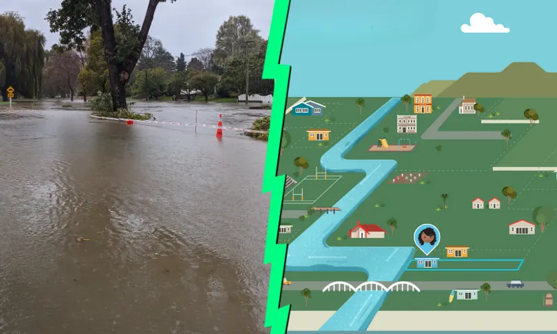 a split screen showing the game interface on one side and a flooded river on the other