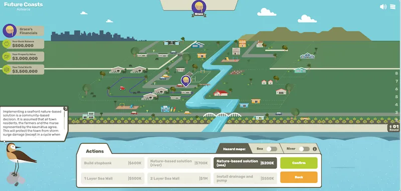 a cartoony image of a town with a mouse selecting an option to pay for a nature based solution to protect from flooding. The characters has 500000 dollars in her bank account