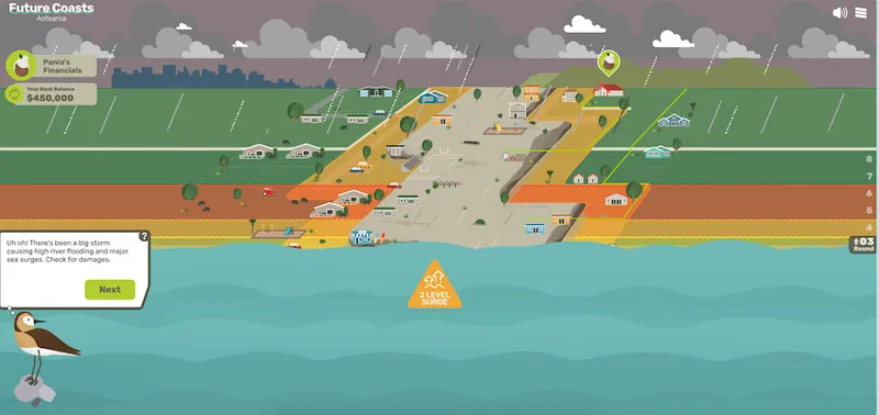 a cartoony image showing red and yellow flood zones and brown flooded water; a flood has happened in the game and characters will now have to deal with it