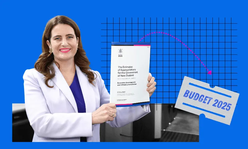 A woman in a purple blazer, finance minister Nicola Willis, holds a government document titled "The Estimates of Appropriations for the Government of New Zealand." Next to her is a "Budget 2025" ticket and a downward graph on a blue background.