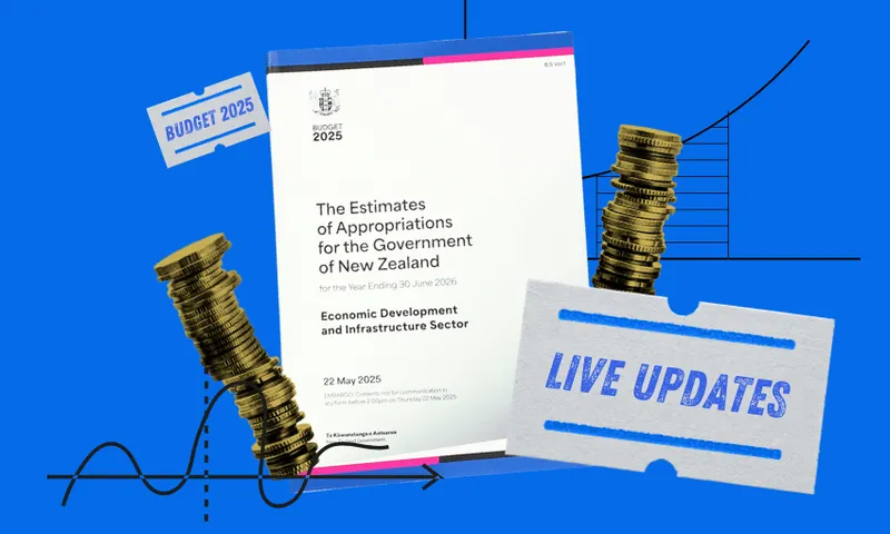 A booklet titled "The Estimates of Appropriations for the Government of New Zealand: Economic Development and Infrastructure Sector" is surrounded by stacks of coins, labeled tickets, and a "Live Updates" sign on a blue background.