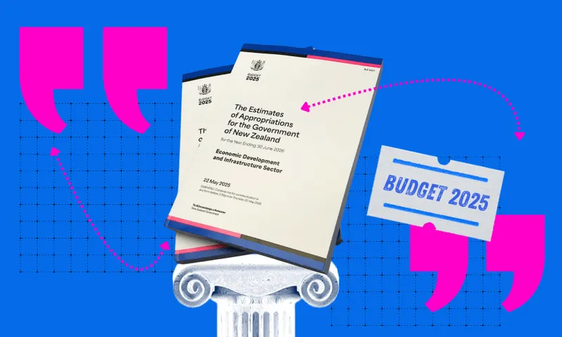 Booklets titled "The Estimates of Appropriations for the Government of New Zealand: Economic Development and Infrastructure Sector, 28 May 2025" rest on a column, with “Budget 2025” text and graphic quotation marks on a blue background.