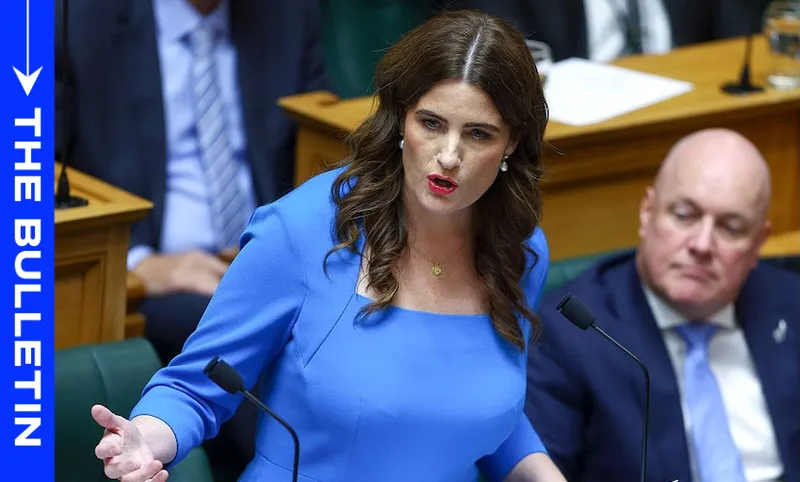 A woman in a blue dress speaks passionately at a parliamentary session, gesturing with her hand. Seated beside her is a bald man in a suit, listening attentively. The setting appears formal and official.