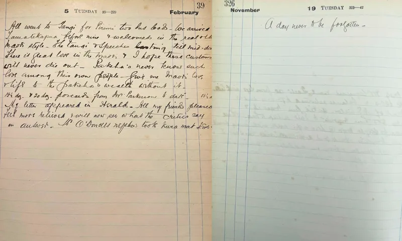 A vintage diary shows two dated entries: the left page is from February 5, densely handwritten in brown ink; the right page, from November 19, has a single faint line: “A day never to be forgotten.” Both pages are slightly yellowed.