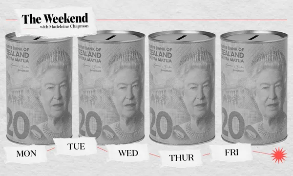 black and white image showing four money tins with new zealand currency printed on them
