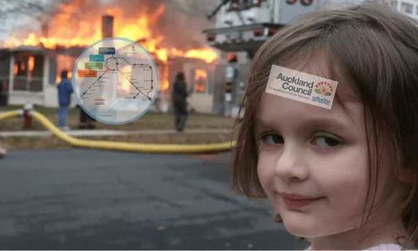 A girl smirking at the camera with an "Auckland Council" sticker on her forehead; a house burns fiercely in the background, and a faint Auckland transit map is superimposed over the scene.