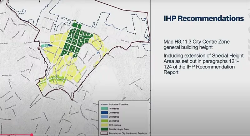 Map showing city zones with shaded areas in green and yellow, highlighting recommended building heights and special height extension areas for the city centre, as per IHP recommendations. Labels and legend indicate different height zones.