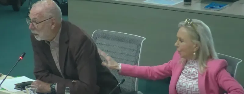 An older man in a brown jacket speaks into a microphone at a meeting table while a woman in a pink blazer sitting beside him extends her arm toward him, as if trying to get his attention.