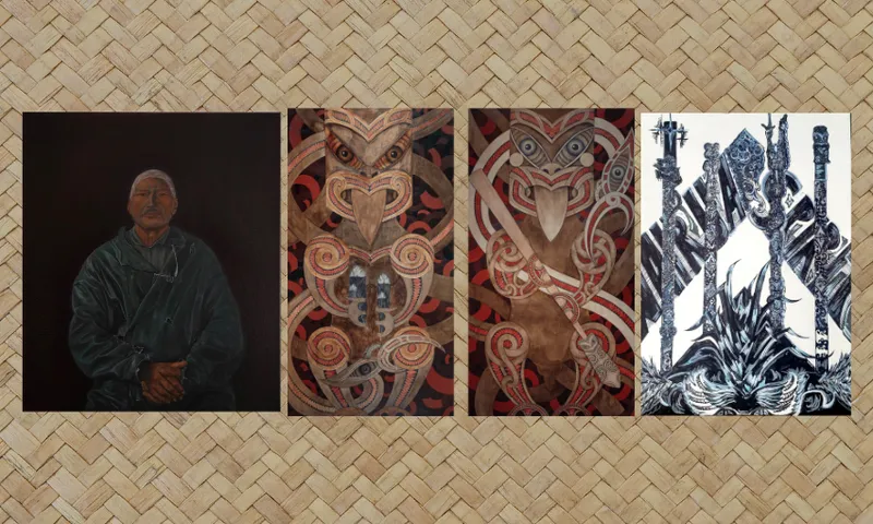 Three artworks are displayed against a woven flax background: a seated elderly person, two detailed Māori carvings with intricate patterns, and a black and white abstract figure holding staffs.