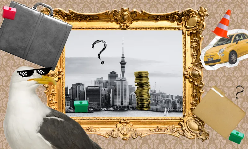 A collage featuring a gold-framed photo of a city skyline with stacked coins, question marks, a seagull in pixelated sunglasses, a briefcase, car, traffic cone, folder, and green Monopoly houses on patterned wallpaper.