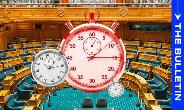 A large red stopwatch and two smaller stopwatches are superimposed over the empty seats of a parliamentary chamber. On the right side, a vertical blue banner reads "THE BULLETIN.