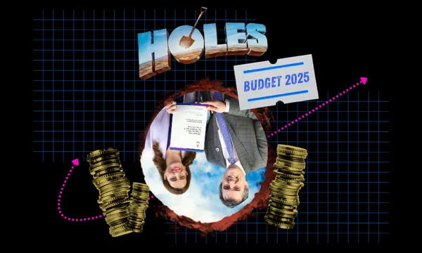 Collage with the word "HOLES," a "BUDGET 2025" ticket, two people holding a document upside-down in a dirt hole, and stacks of coins on a blue grid background with pink arrows.