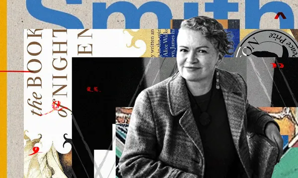 A photo of Tina Makeriti, a Māori woman. She is smiling. Behind her is a collage of different book covers.