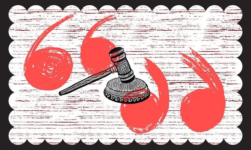 A wooden gavel is placed over large red quotation marks on a textured white background with a scalloped border. The image combines legal and speech elements, suggesting themes of law and communication.