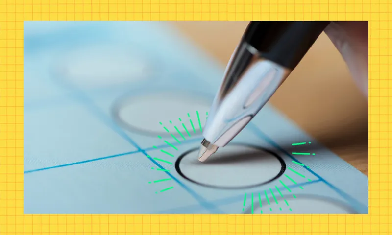 a yellow grid background with a pen hovering over a box to tick, with green lines radiating from the box