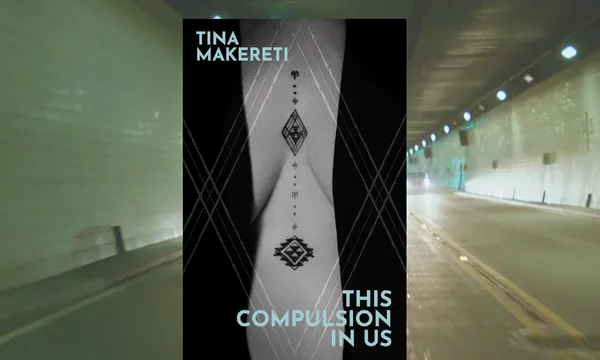 The cover of Tina Makereti's book, This compulsion in us, which shows moko tattoo on a woman's chest, against a background of a car tunnel.