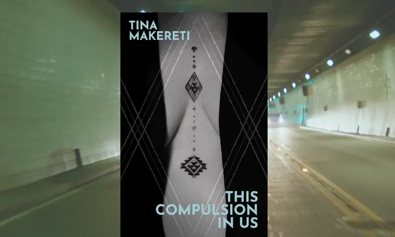 The cover of Tina Makereti's book, This compulsion in us, which shows moko tattoo on a woman's chest, against a background of a car tunnel.