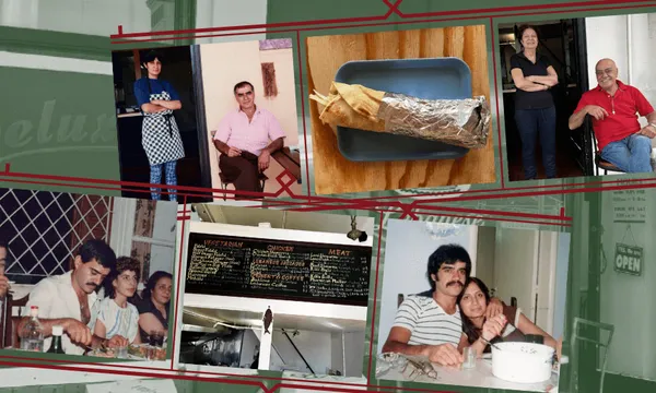 A collage featuring vintage family photos, a wrapped burrito on a tray, a restaurant menu board, and people sitting or standing together, all set against a background with green and red accents.