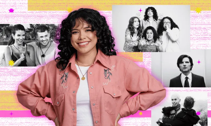 A smiling woman in a pink shirt stands in front of a colorful background, surrounded by four black-and-white photos of different groups of people making expressive faces or poses.