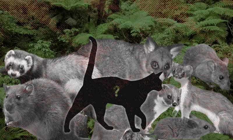 A silhouette of a cat is overlaid on a collage of various small mammals, including possums, rats, and ferrets, set against a background of dense green foliage.