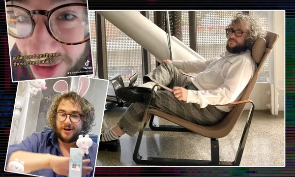 photo of a man reclining on a leather arm chair and photo of the same man with a cute bunny filter on