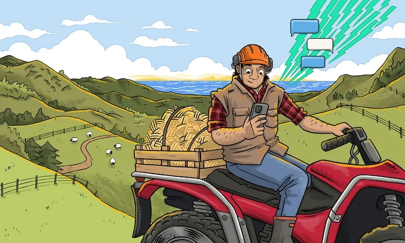 A cartoon illustration shows a farmer on a red quad bike checking his phone. There's are sheep in the green hills behind him and the ocean beyond that.