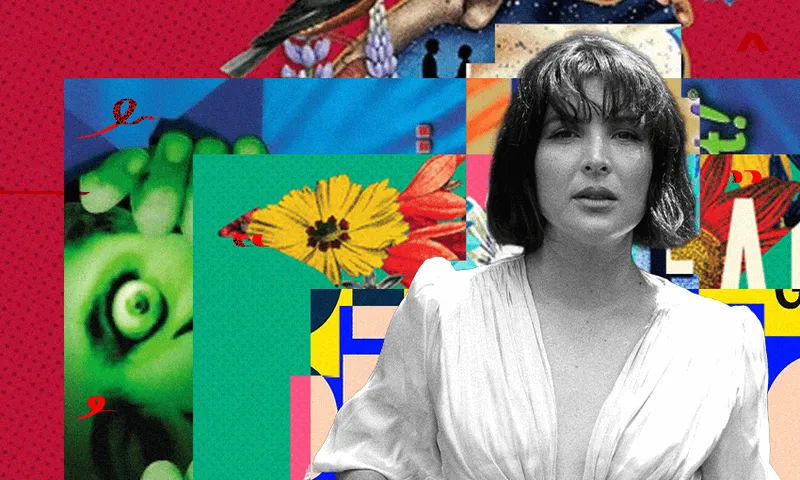 A black and white image of a woman in a chic dress with collage of book covers behind her in red, greens and blues.