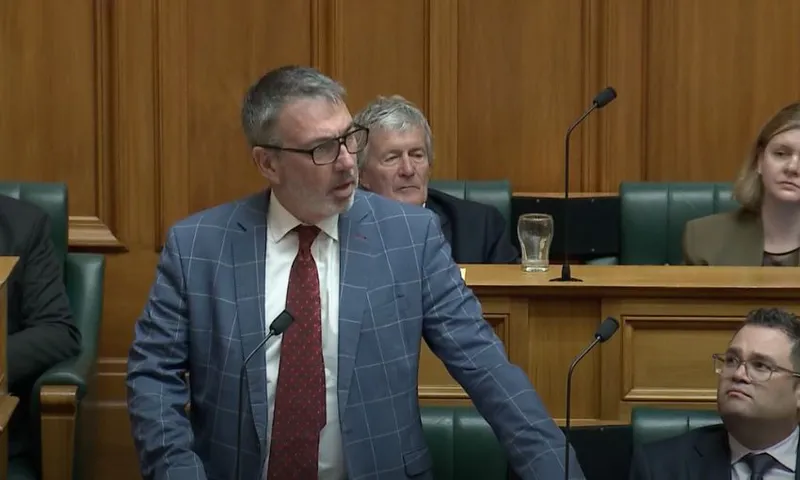 Duncan Webb speaks in the House from his bench beside Tangi Utikere, Camilla Belich and Damien O'Connor