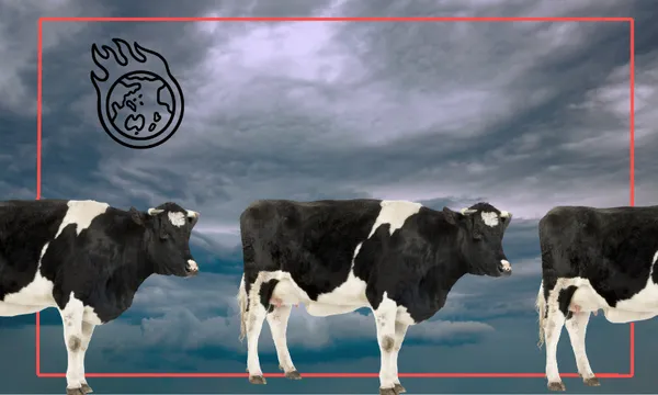 a purple tinged sky with storm clouds and three cows, with a icon of a planet on fire in the corner