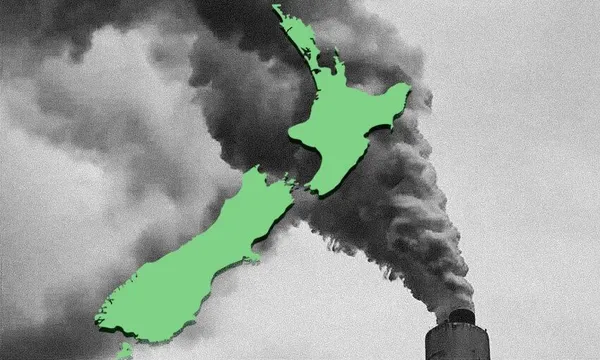 an outline of New Zealand with a huge cloud of smoke behit it