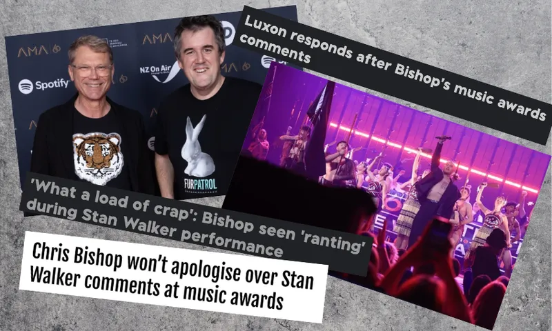 A collage of images from the Aotearoa Music Awards including Stan Walker and Chris Bishop, with headlines discussing Chris Bishop's comments at the awards