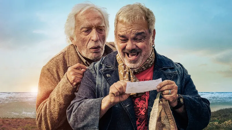 two old men looking at a slip of paper with glee