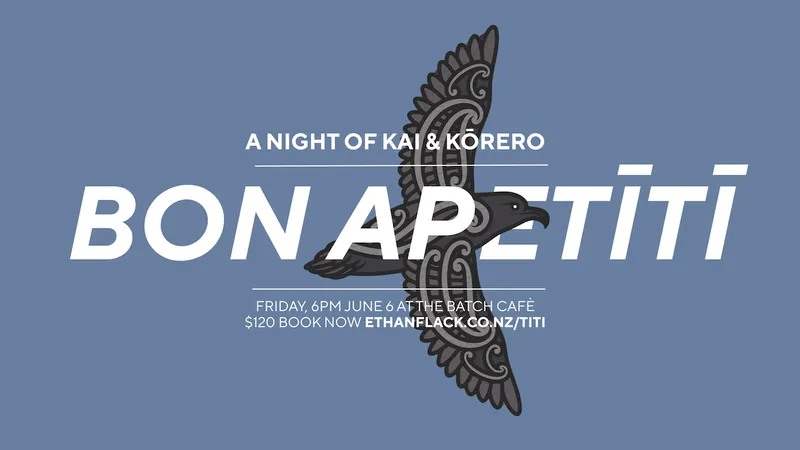 stylised illustration of a tītī flying with the words "bon apetītī"