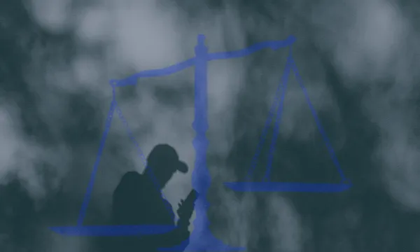 A shadowy figure wearing a cap looks at a phone, overlaid with a blue silhouette of unbalanced scales of justice against a textured, dark background.