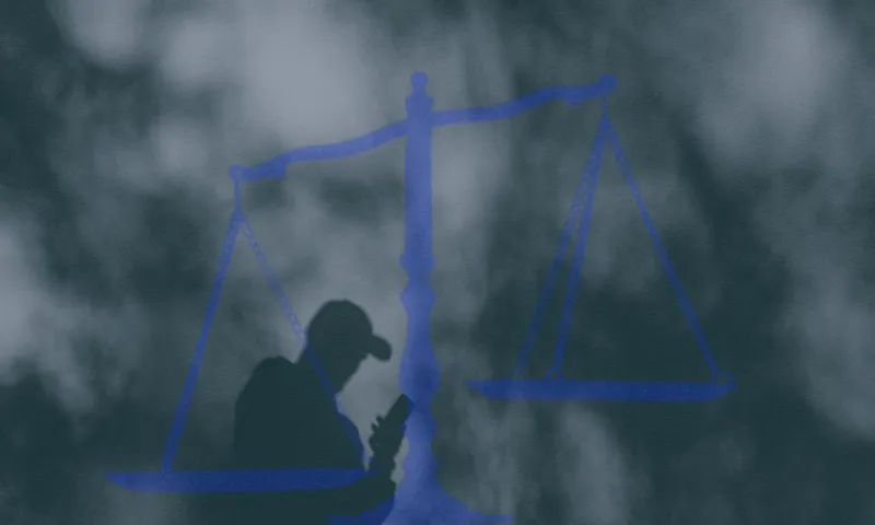 A shadowy figure wearing a cap looks at a phone, overlaid with a blue silhouette of unbalanced scales of justice against a textured, dark background.