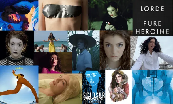 A colourful collage of Lorde album covers and screenshots from various music videos