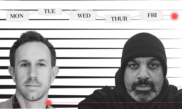 headshots of two men, one wearing a black beanie and a hoodie, the other a suit
