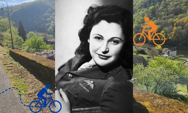 A black and white photo of Nancy Wake with graphics of people on bicycles and a background of rural France.