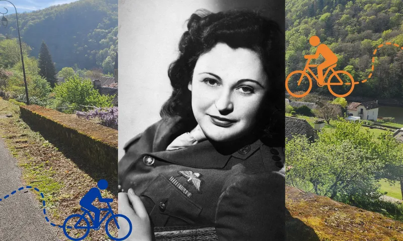 A black and white photo of Nancy Wake with graphics of people on bicycles and a background of rural France.